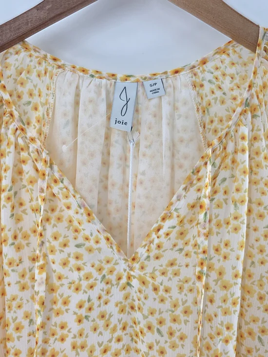 Joie Yellow Floral V-Neck Peasant Blouse Short Sleeve Womens Size Small - Picture 3 of 13